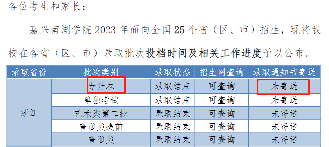 嘉兴南湖学院专升本录取通知书
